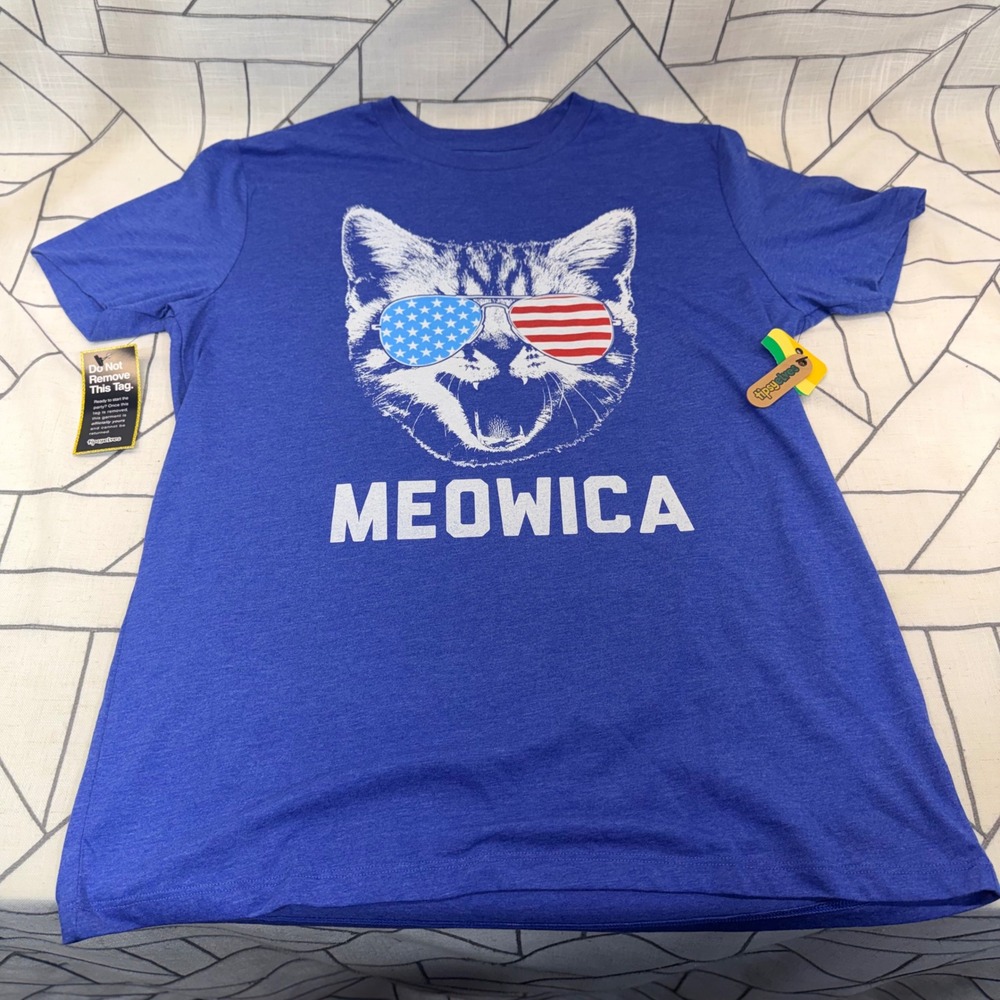 Tipsy Elves T-Shirt Large Blue Meowica Cat Patriotic Graphic Tee NWT